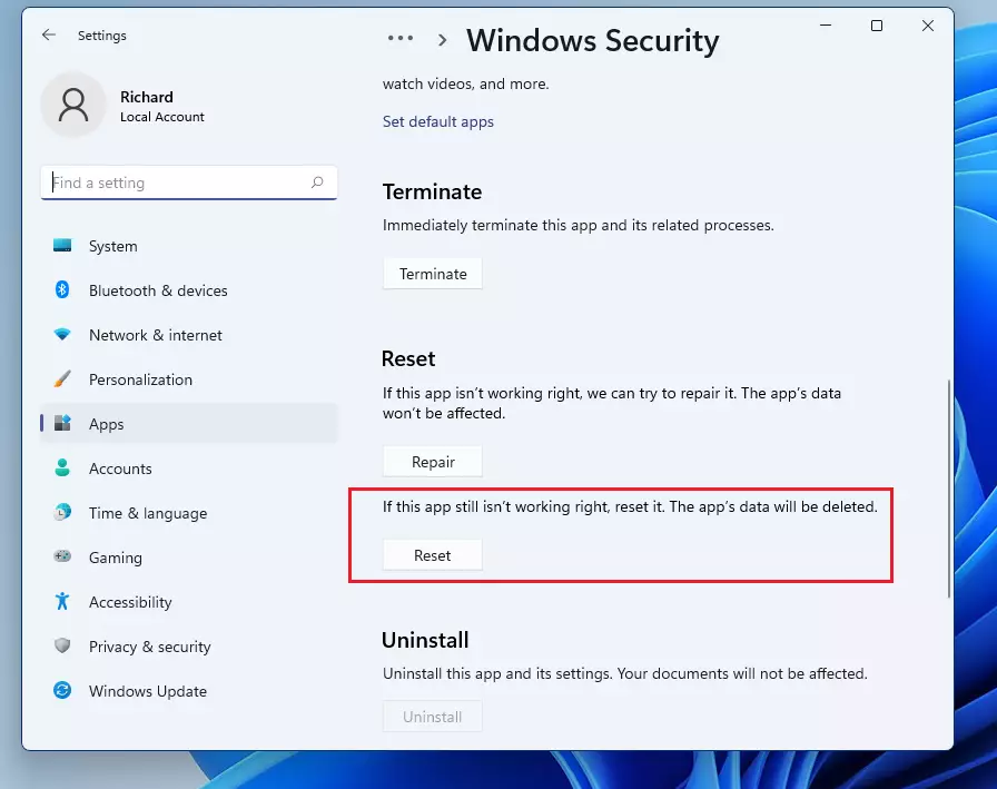 windows security apps reset from settings
