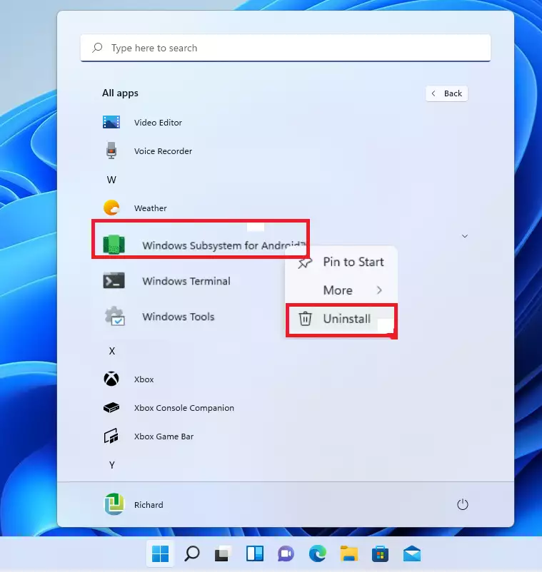 windows 11 uninstall windows subsystem for android